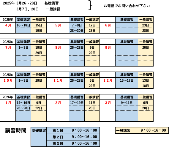 運行管理者講習(貨物) リフト日程表