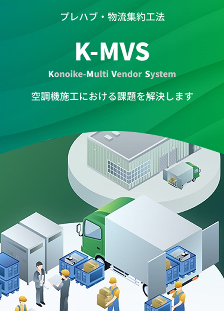プレハブ·物流集約工法 K-MVS Konoike-Multi Vendor System 空調機施工における課題を解決します
